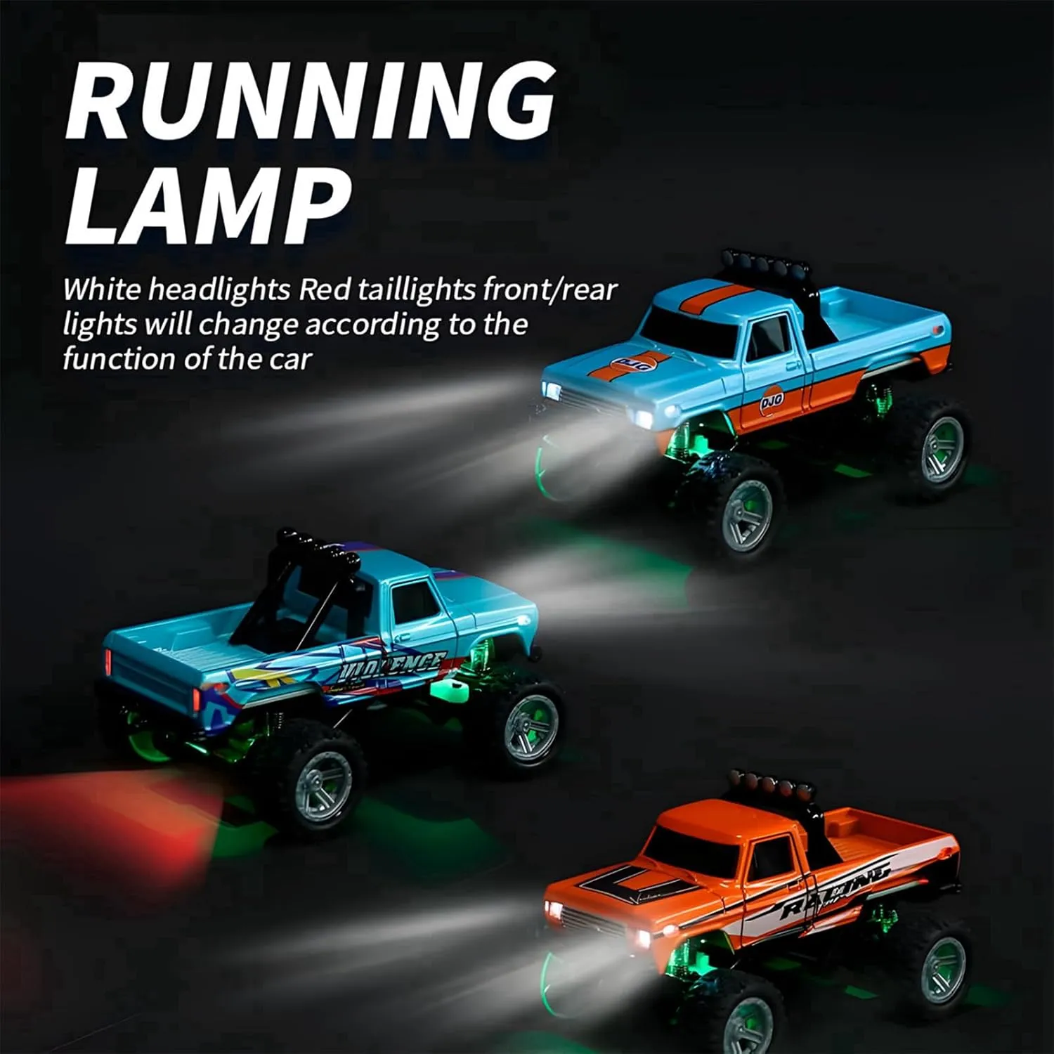 Mini Rc Monster Truck, 1/64 Scale Monster Truck with Lights, 2.4Ghz Remote Control Car Rechargeable Mini Monster Truck Rc, Alloy Rc Semi Truck for Kids Gifts, Speed Adjustable (with Trailer Blue-b)