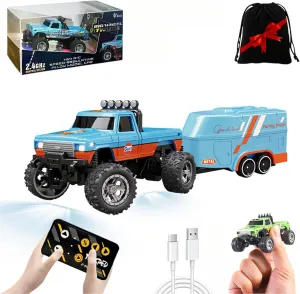 Mini Rc Monster Truck, 1/64 Scale Monster Truck with Lights, 2.4Ghz Remote Control Car Rechargeable Mini Monster Truck Rc, Alloy Rc Semi Truck for Kids Gifts, Speed Adjustable (with Trailer Blue-b)