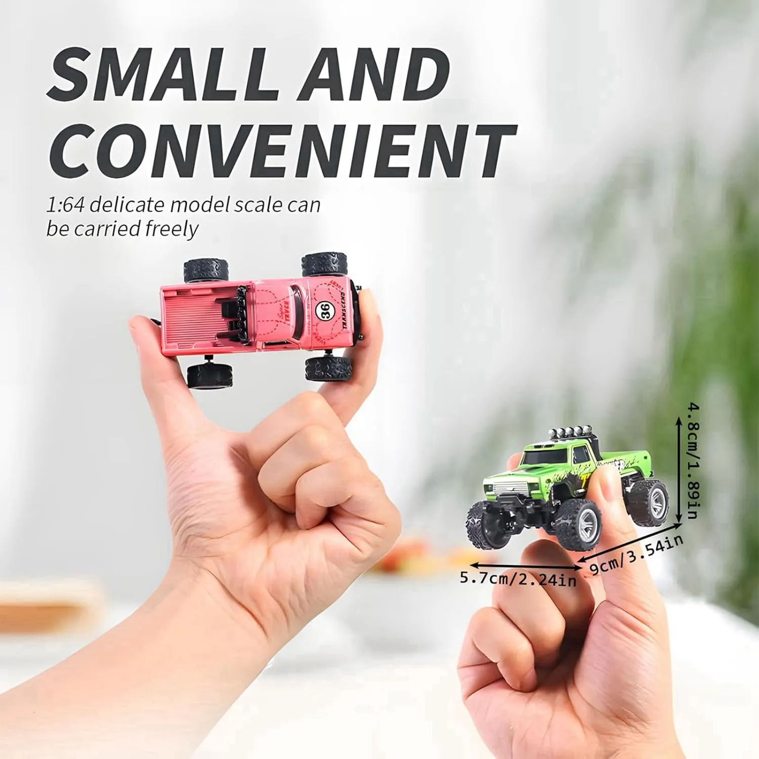 Mini Rc Monster Truck, 1/64 Scale Monster Truck with Lights, 2.4Ghz Remote Control Car Rechargeable Mini Monster Truck Rc, Alloy Rc Semi Truck for Kids Gifts, Speed Adjustable (with Trailer Blue-b)