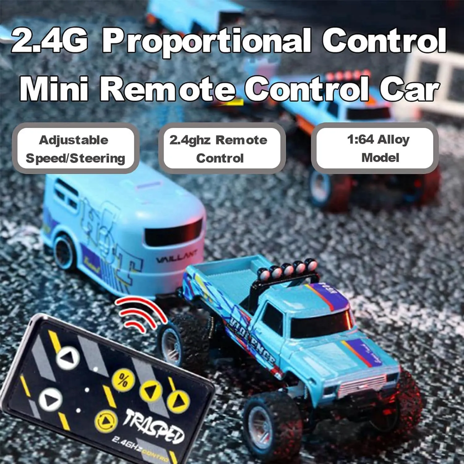 Mini Rc Monster Truck, 1/64 Scale Monster Truck with Lights, 2.4Ghz Remote Control Car Rechargeable Mini Monster Truck Rc, Alloy Rc Semi Truck for Kids Gifts, Speed Adjustable (with Trailer Blue-b)