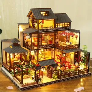 Miniature Dollhouse DIY Set with Decoration Furniture and LED Lights, 1:24 Scale DIY Wooden Dollhouse Kit with English Instructions, Birthday Gift or Party Favors (Japanese Courtyard Style)