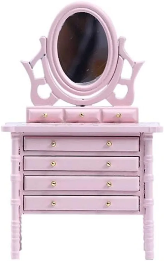 Miniature Dollhouse Vanity Table 1 12 Furniture Makeup Dressing Table with Mirror and 4 Drawers Mini House Accessories Bedroom Living Room Scene Decoration (Pink)