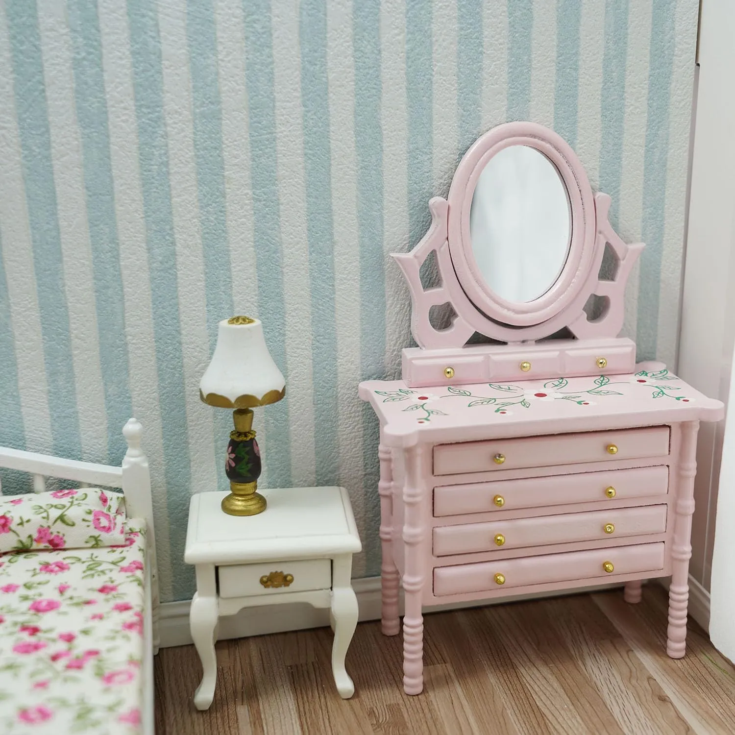 Miniature Dollhouse Vanity Table 1 12 Furniture Makeup Dressing Table with Mirror and 4 Drawers Mini House Accessories Bedroom Living Room Scene Decoration (Pink)