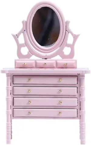 Miniature Dollhouse Vanity Table 1 12 Furniture Makeup Dressing Table with Mirror and 4 Drawers Mini House Accessories Bedroom Living Room Scene Decoration (Pink)