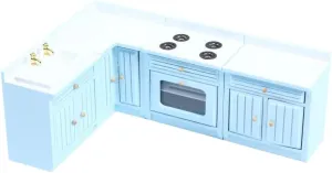 Miniature Furniture Dollhouse Kitchen Cabinets Set 1:12 Scale Wooden Model Freely Combined 4PCS Mini House Accessories Furnishings Kit Decoration Gift (Blue)