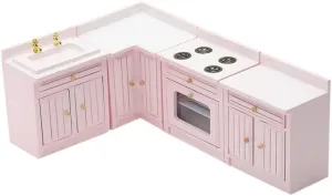 Miniature Furniture Dollhouse Kitchen Cabinets Set 1:12 Scale Wooden Model Freely Combined 4PCS Mini House Accessories Furnishings Kit Decoration Gift (Pink)