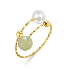 Minimalist Open Rings Adjustable Hetian Jade with Crystal Pearl Jewelry Anniversary Gifts for Her (Single Lap) (Jade & Crystal Pearl)