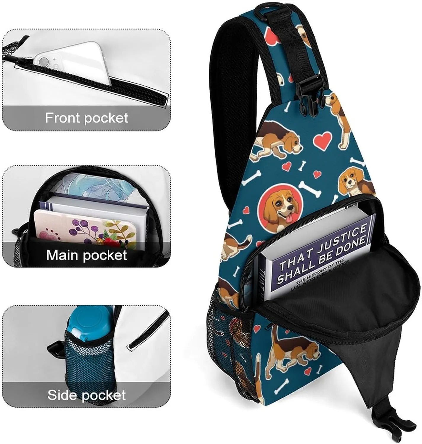MoBlinko Funny Beagle Dogs Sling Bag for Women Cartoon Puppy Adjustable Crossbody Sling Backpack Chest Bag for Travel