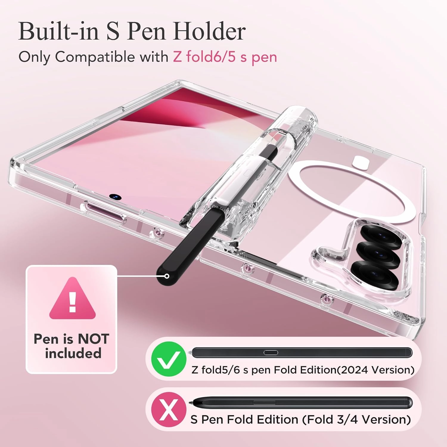 MOBOSI for Magnetic Z Fold 6 Case with S Pen Holder, Compatible with Magsafe, Full Body Built-in Hinge Protection & Front Screen Protector Translucent Slim Phone Case for Samsung Galaxy Z Fold6, Clear