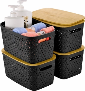 Modern Black Plastic Storage Bins with Bamboo Lids Set of 4 - Stackable, Rectangular, 11.9"L x 7.7"W x 6.3"H - Perfect for Home, Kitchen, Office Organization