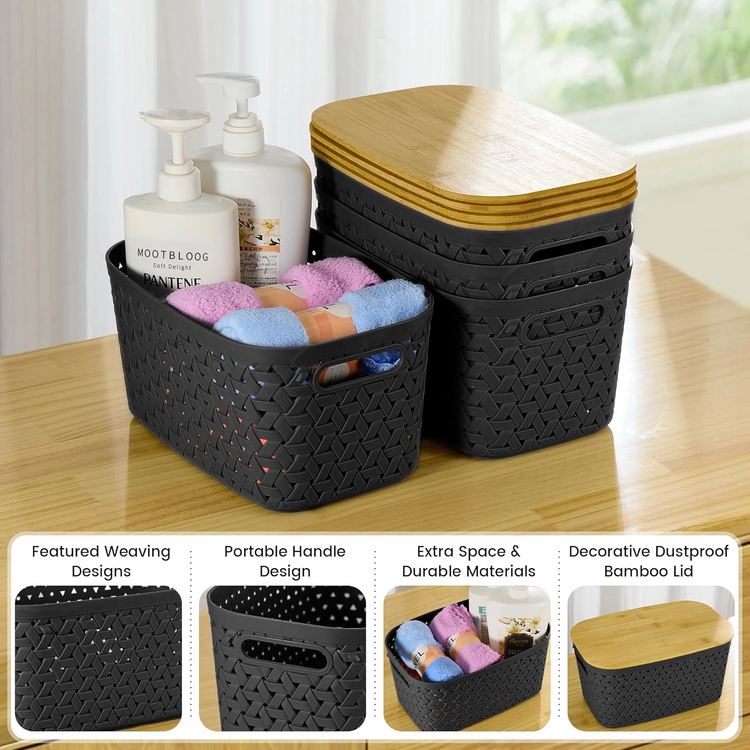 Modern Black Plastic Storage Bins with Bamboo Lids Set of 4 - Stackable, Rectangular, 11.9"L x 7.7"W x 6.3"H - Perfect for Home, Kitchen, Office Organization