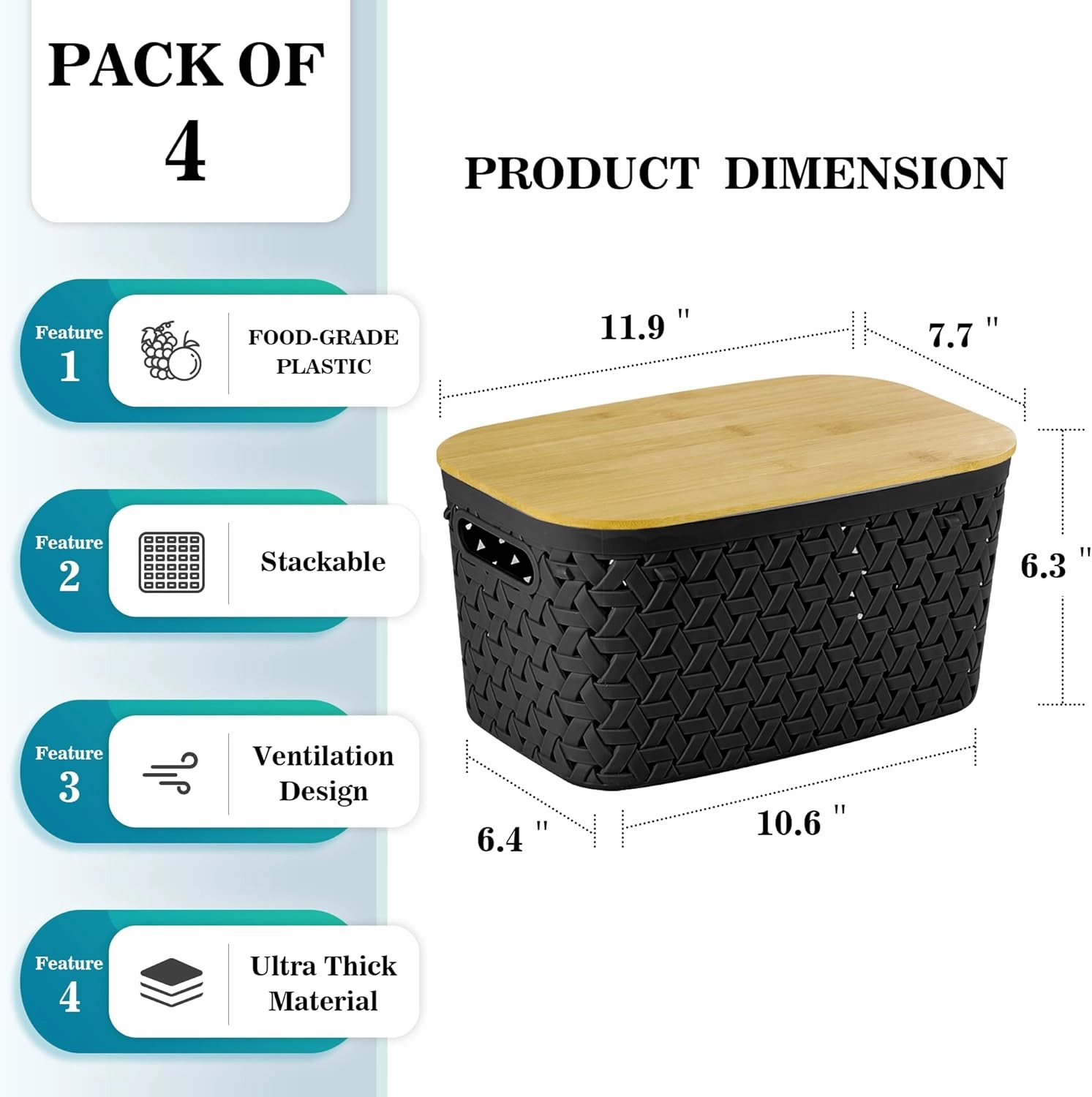 Modern Black Plastic Storage Bins with Bamboo Lids Set of 4 - Stackable, Rectangular, 11.9"L x 7.7"W x 6.3"H - Perfect for Home, Kitchen, Office Organization