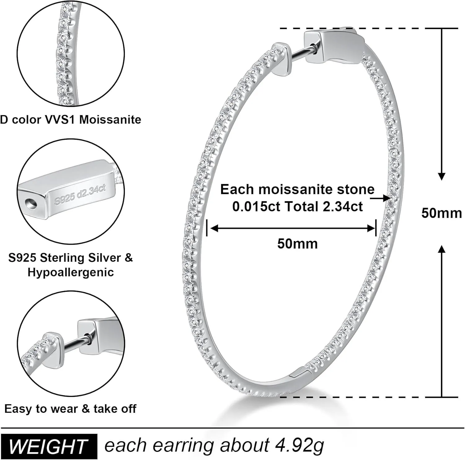 Moissanite Hoop Earrings for Women S925 Sterling Silver D Color VVS1 Round Cut Moissanite Inside Out Round Loops Hypoallergenic Large Huggie Hoop Earrings
