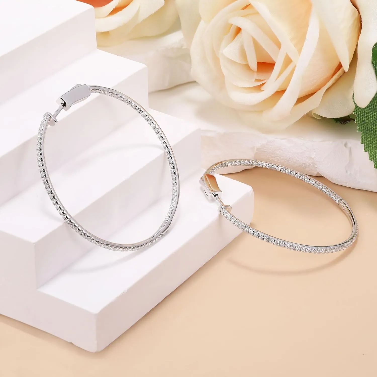 Moissanite Hoop Earrings for Women S925 Sterling Silver D Color VVS1 Round Cut Moissanite Inside Out Round Loops Hypoallergenic Large Huggie Hoop Earrings