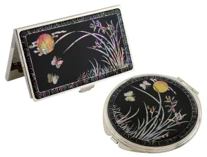 Mother of Pearl Orchid Flower Yellow Moon Design Magnifying Compact Makeup Mirror Business Credit Name Card Holder Set Stainless Steel Engraved Slim Id Money Case