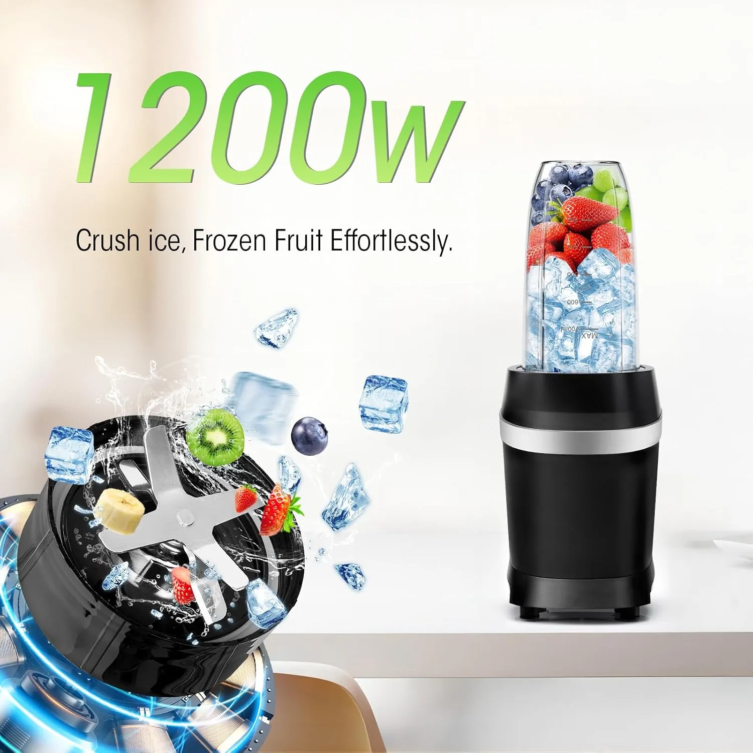 Nahida Blender for Smoothies, 1200W Smoothie Blender for Ices Crushing, Blenders with (2) 6-Fin Blades, Personal Blenders for Kitchen with 23oz, 32oz, 37oz Easy Go Cups for Juices, Black