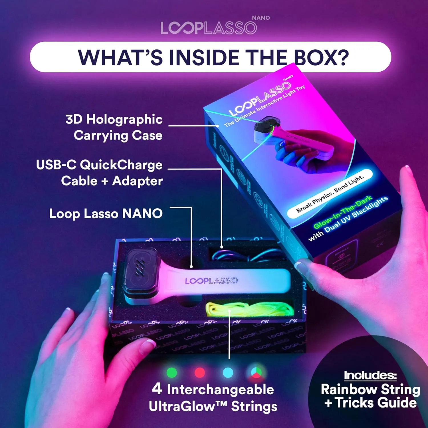 NANO Glow-in-the-Dark String Shooter Toy with Built-in UV Blacklight, Interactive STEM Toy for Kids and Adults, Viral Rave Accessory and Light Show Gadget
