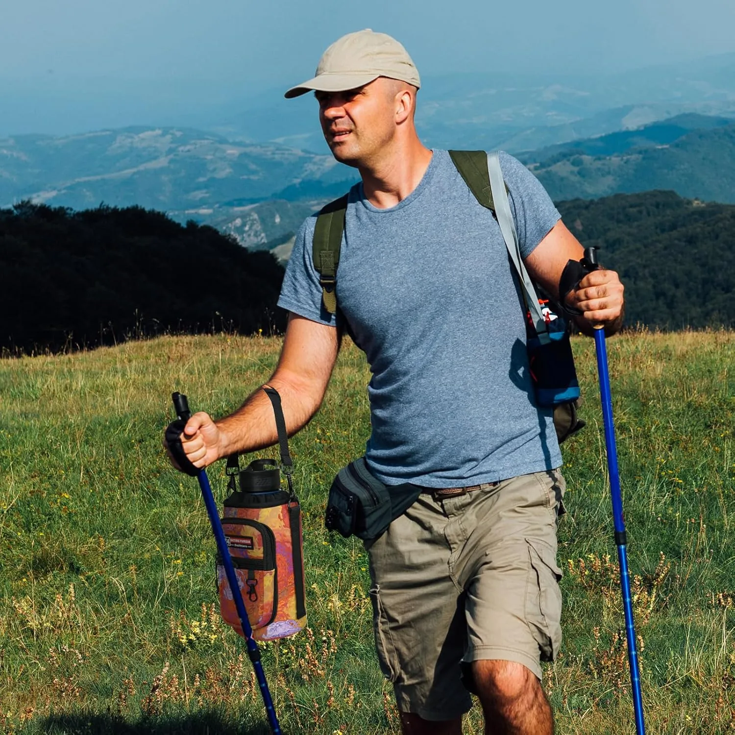 NATURE PIONEOR Water Bottle Holder with Strap,Water Bottle Carrier Bag Sling Sleeve with Adjustable Shoulder Strap & Handle and Large Phone Pocket for Walking,Hiking,Travelling for 25oz/32oz/40oz/64oz