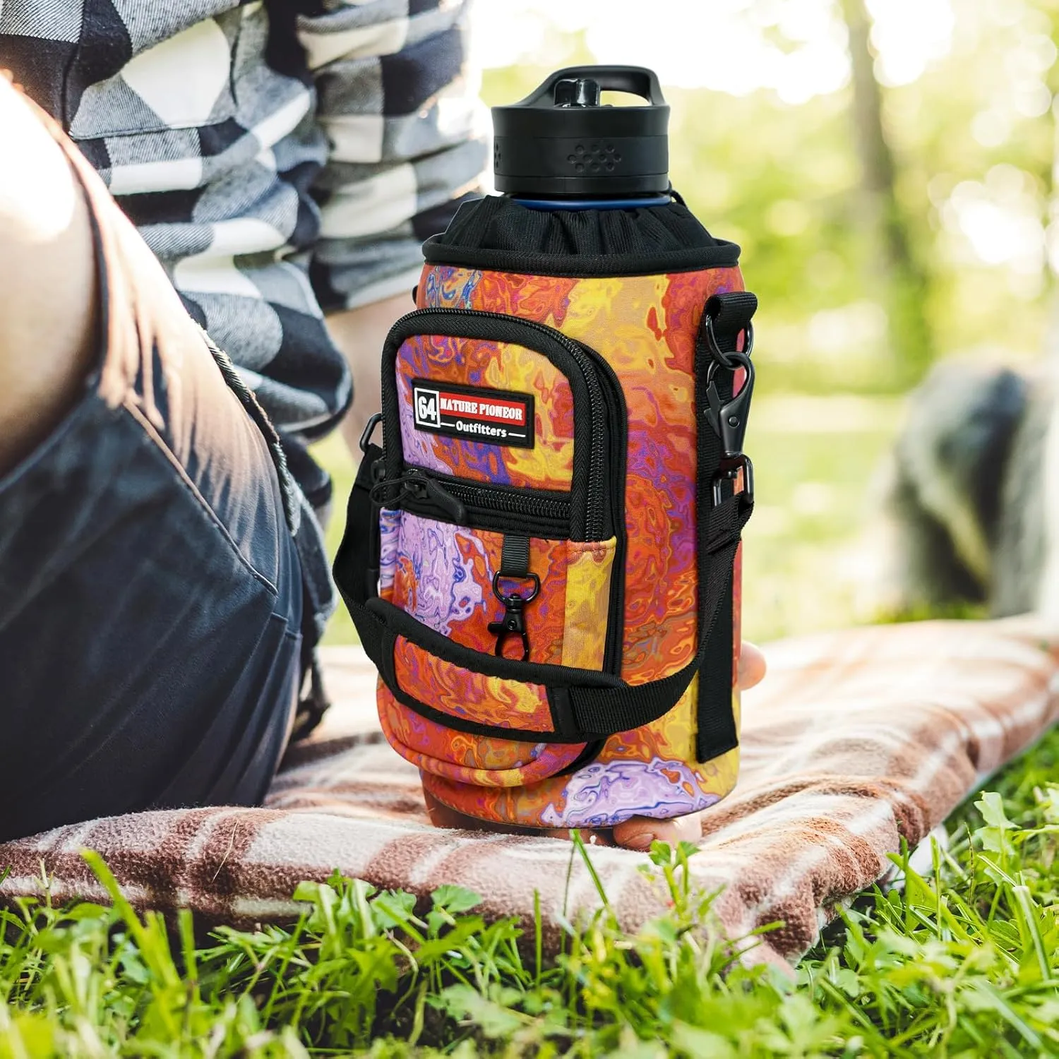 NATURE PIONEOR Water Bottle Holder with Strap,Water Bottle Carrier Bag Sling Sleeve with Adjustable Shoulder Strap & Handle and Large Phone Pocket for Walking,Hiking,Travelling for 25oz/32oz/40oz/64oz