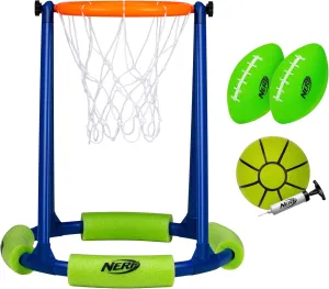 NERF Floating Pool Basketball Hoop   Football Target Net Set - Water Basketball   (2) Pool Footballs Included - Floating Hoop   Target Goal for in-Pool   Poolside Play - Sports Pool Toys for Kids