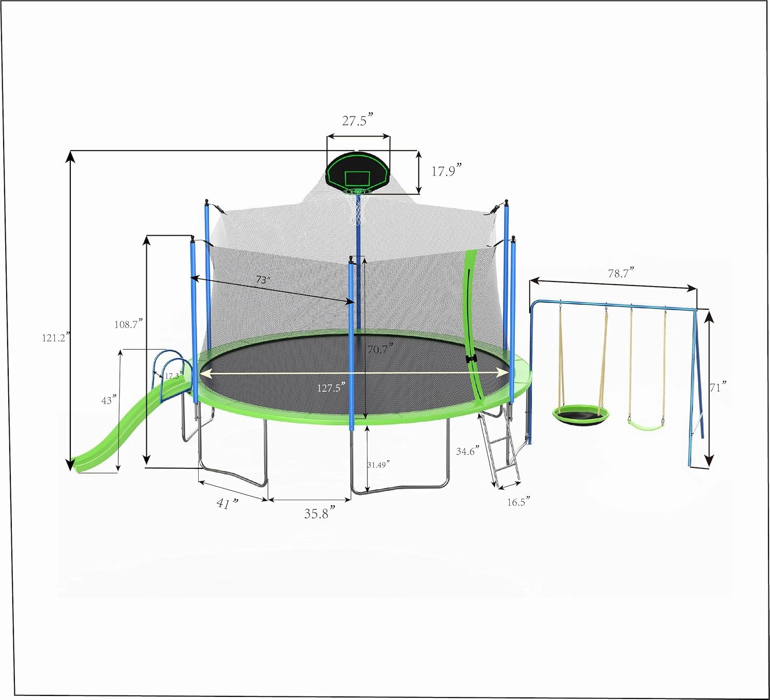 NicBex 12FT Trampoline with Slide and Swings, ASTM Approved Large Recreational Trampoline with Basketball Hoop and Ladder, Outdoor Backyard Trampoline with Net, Capacity for Kids and Adults, Green