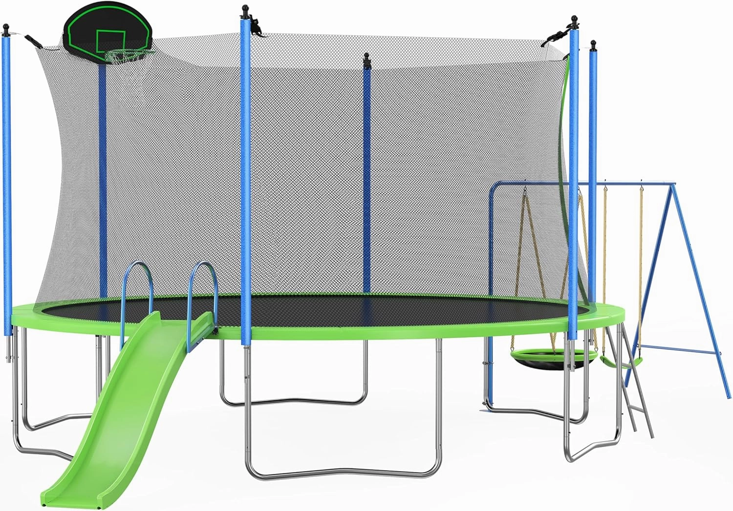 NicBex 12FT Trampoline with Slide and Swings, ASTM Approved Large Recreational Trampoline with Basketball Hoop and Ladder, Outdoor Backyard Trampoline with Net, Capacity for Kids and Adults, Green