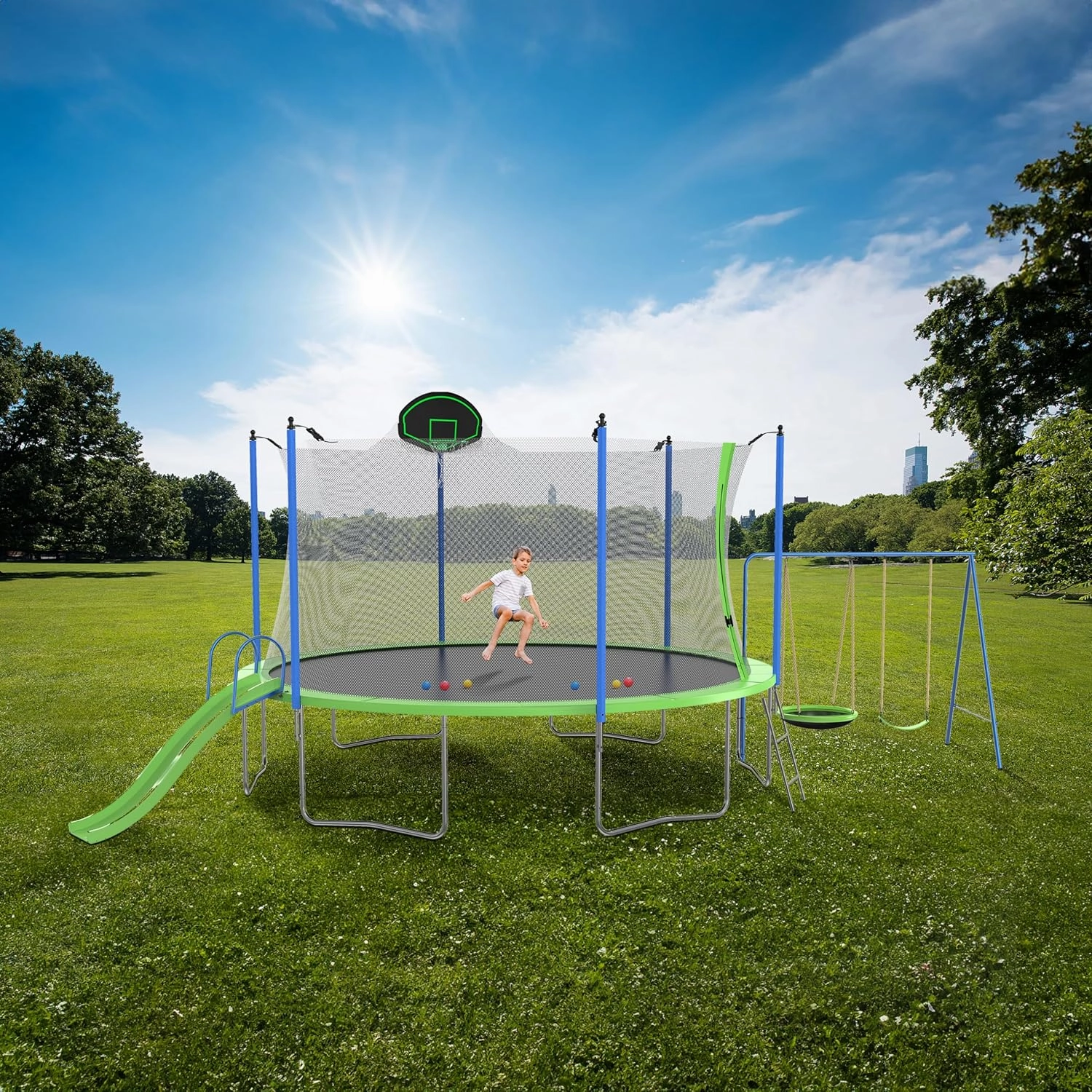 NicBex 12FT Trampoline with Slide and Swings, ASTM Approved Large Recreational Trampoline with Basketball Hoop and Ladder, Outdoor Backyard Trampoline with Net, Capacity for Kids and Adults, Green