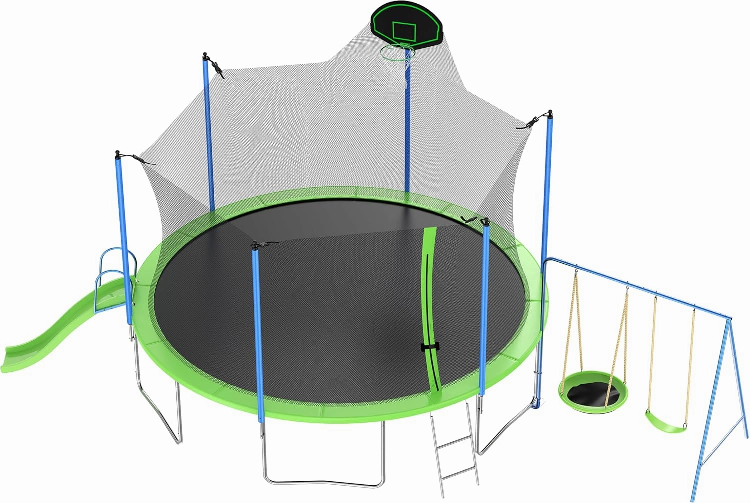 NicBex 12FT Trampoline with Slide and Swings, ASTM Approved Large Recreational Trampoline with Basketball Hoop and Ladder, Outdoor Backyard Trampoline with Net, Capacity for Kids and Adults, Green