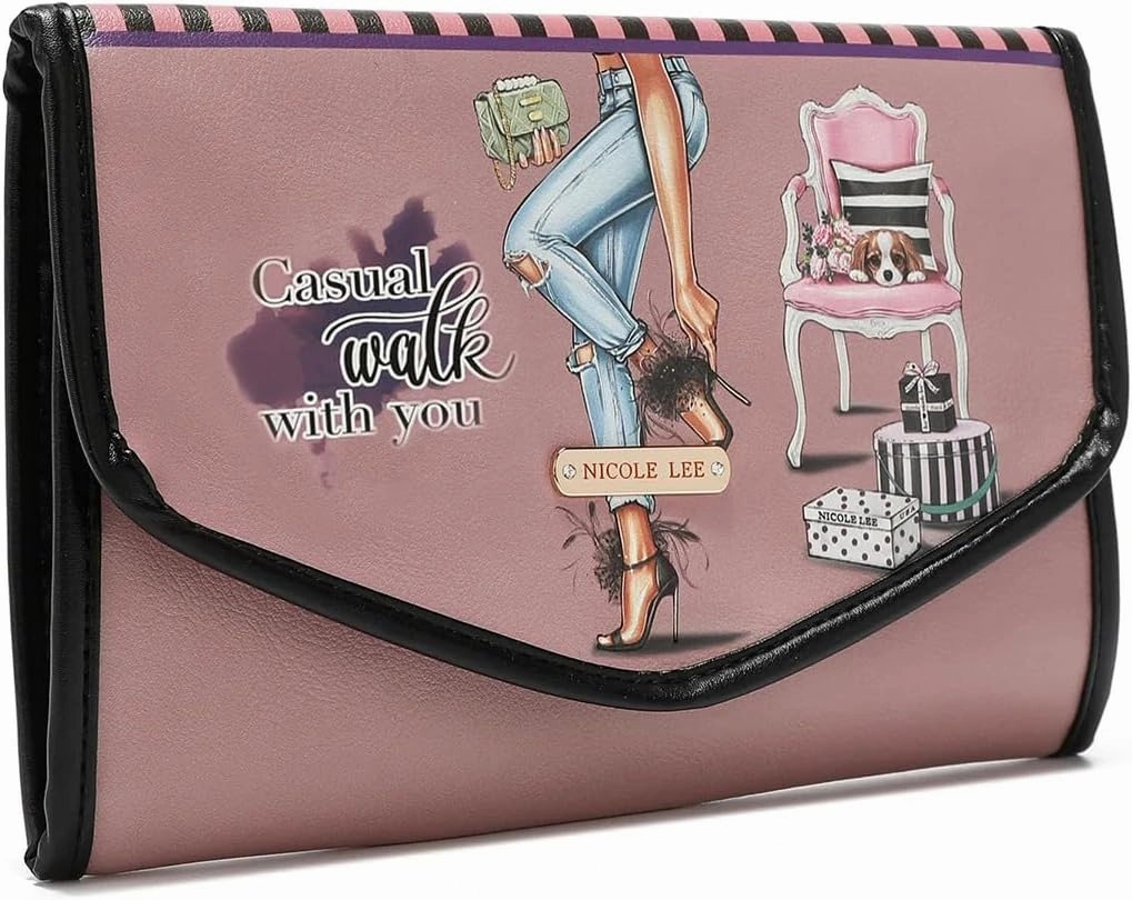 NICOLE LEE Travel Jewelry Organizer with Zipper Pockets, Foldable Roll for Rings, Earrings, Necklaces, Bracelets, Watches (Casual Walk)