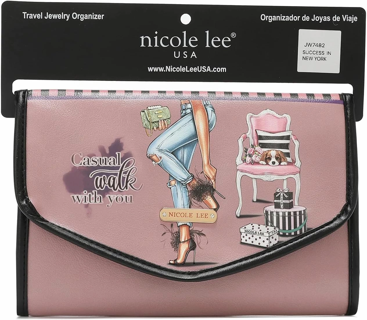 NICOLE LEE Travel Jewelry Organizer with Zipper Pockets, Foldable Roll for Rings, Earrings, Necklaces, Bracelets, Watches (Casual Walk)