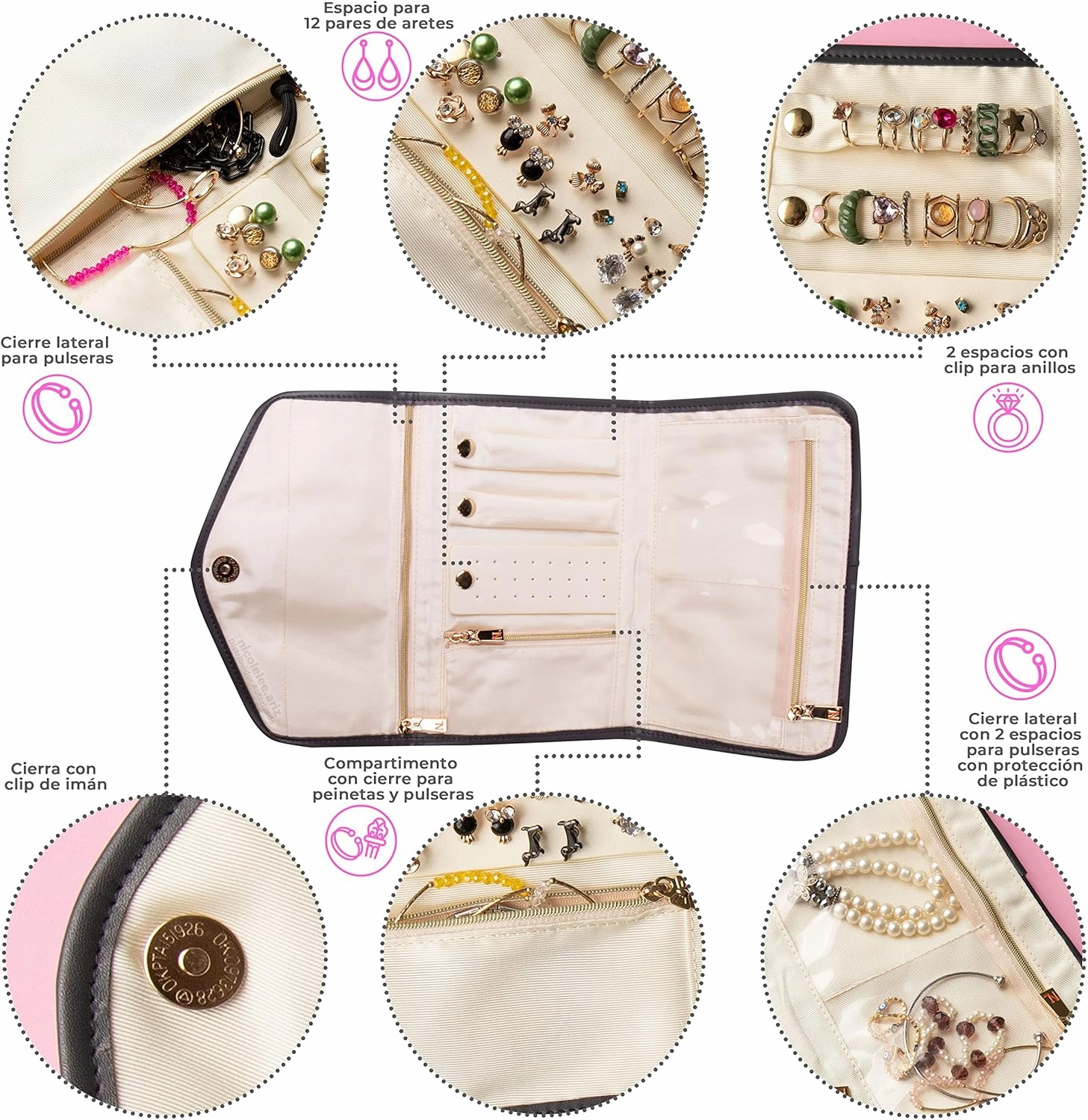 NICOLE LEE Travel Jewelry Organizer with Zipper Pockets, Foldable Roll for Rings, Earrings, Necklaces, Bracelets, Watches (Double Queens)
