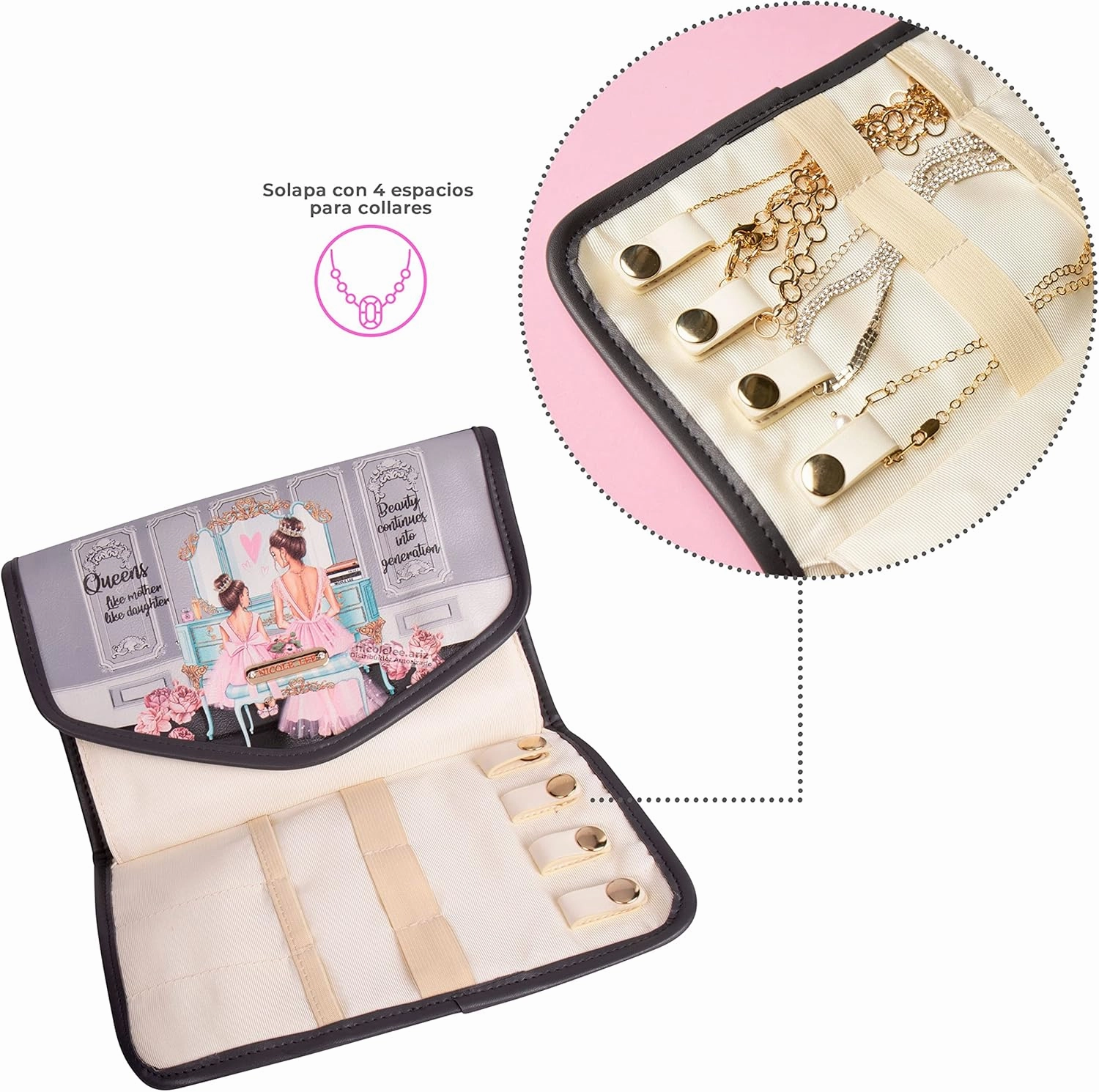 NICOLE LEE Travel Jewelry Organizer with Zipper Pockets, Foldable Roll for Rings, Earrings, Necklaces, Bracelets, Watches (Double Queens)
