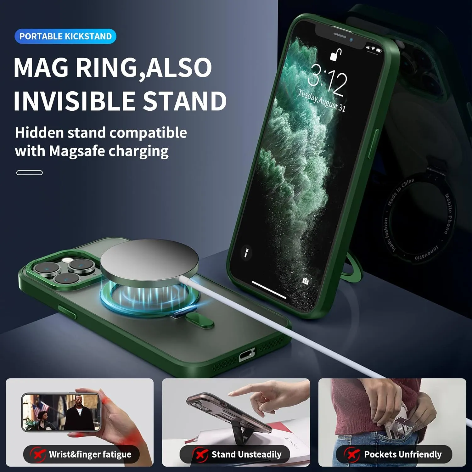 niufoey Magnetic Case for iPhone 14 Pro Max Case with Invisible Stand,[Compatible with Mag Safe][Translucent Matte Case][Tempered Glass Screen Protector Camera Lens Protector] 6.7 Inch,Green