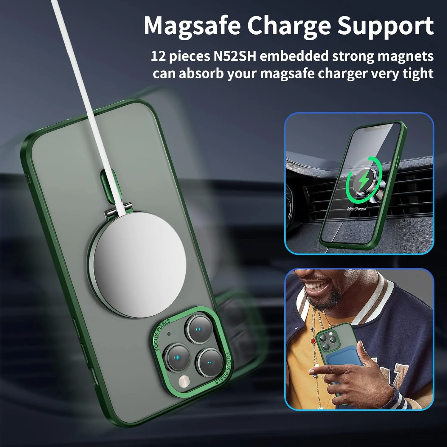 niufoey Magnetic Case for iPhone 14 Pro Max Case with Invisible Stand,[Compatible with Mag Safe][Translucent Matte Case][Tempered Glass Screen Protector Camera Lens Protector] 6.7 Inch,Green