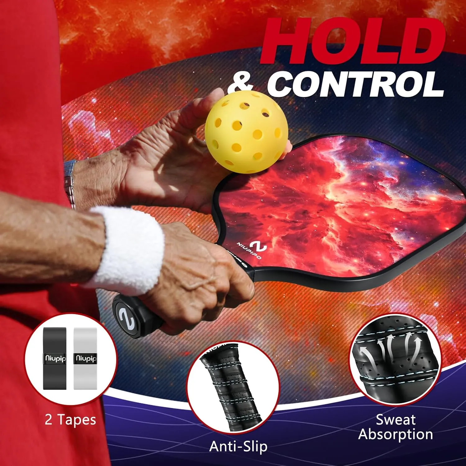 niupipo Pickleball Paddles Set of 2/4, USAPA Approved Fiberglass Surface, Polypropylene Honeycomb Core, Cushion Grip, Lightweight Pickleball Rackets with 2 Indoor and 2 Outdoor Balls, Portable Bag