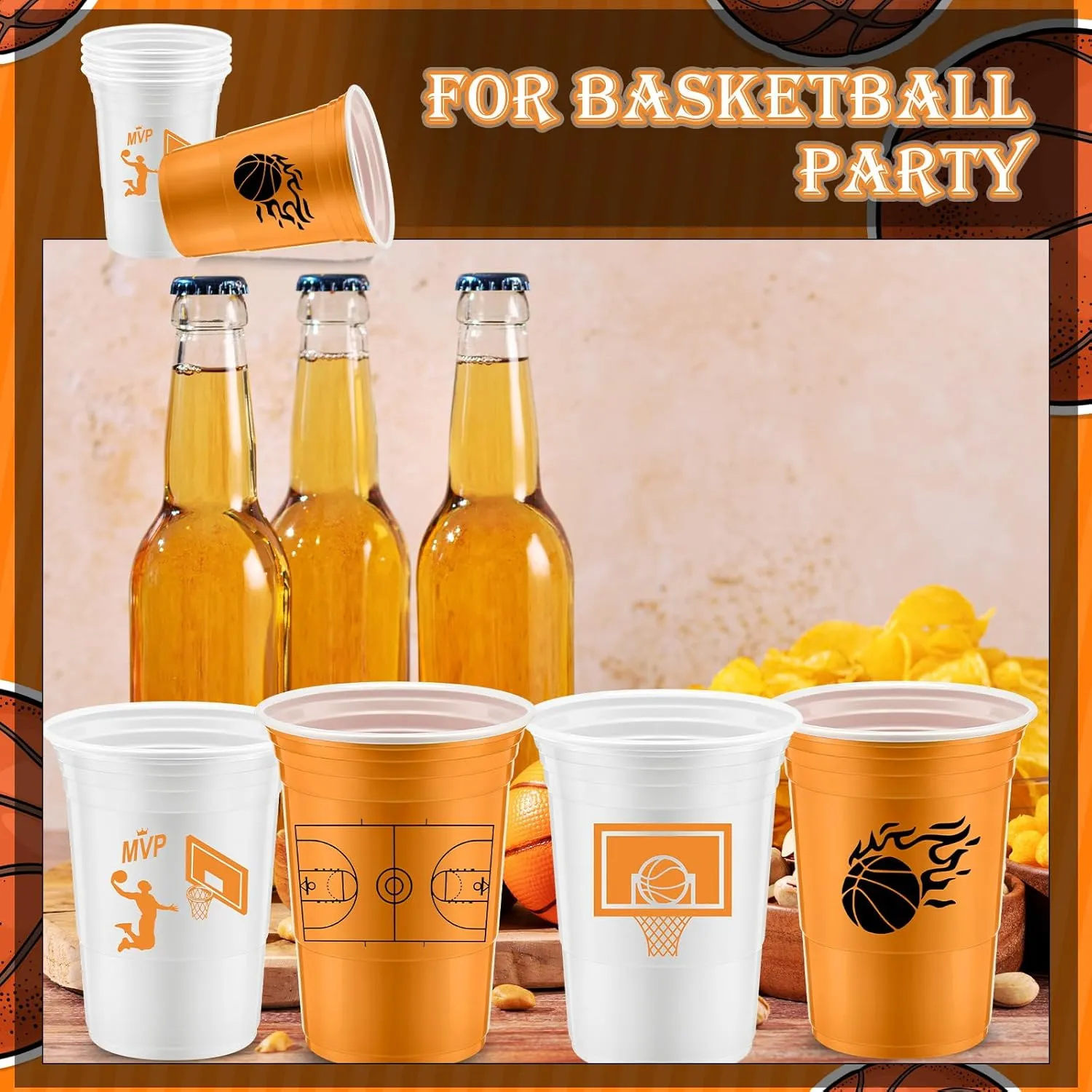 Norme 48 Pcs Basketball Party Supplies - 16 oz Thick Plastic Disposable Cup for Hot/Cold Drinks, Wine, Coffee - Themed Holiday Party Supplies & Favors