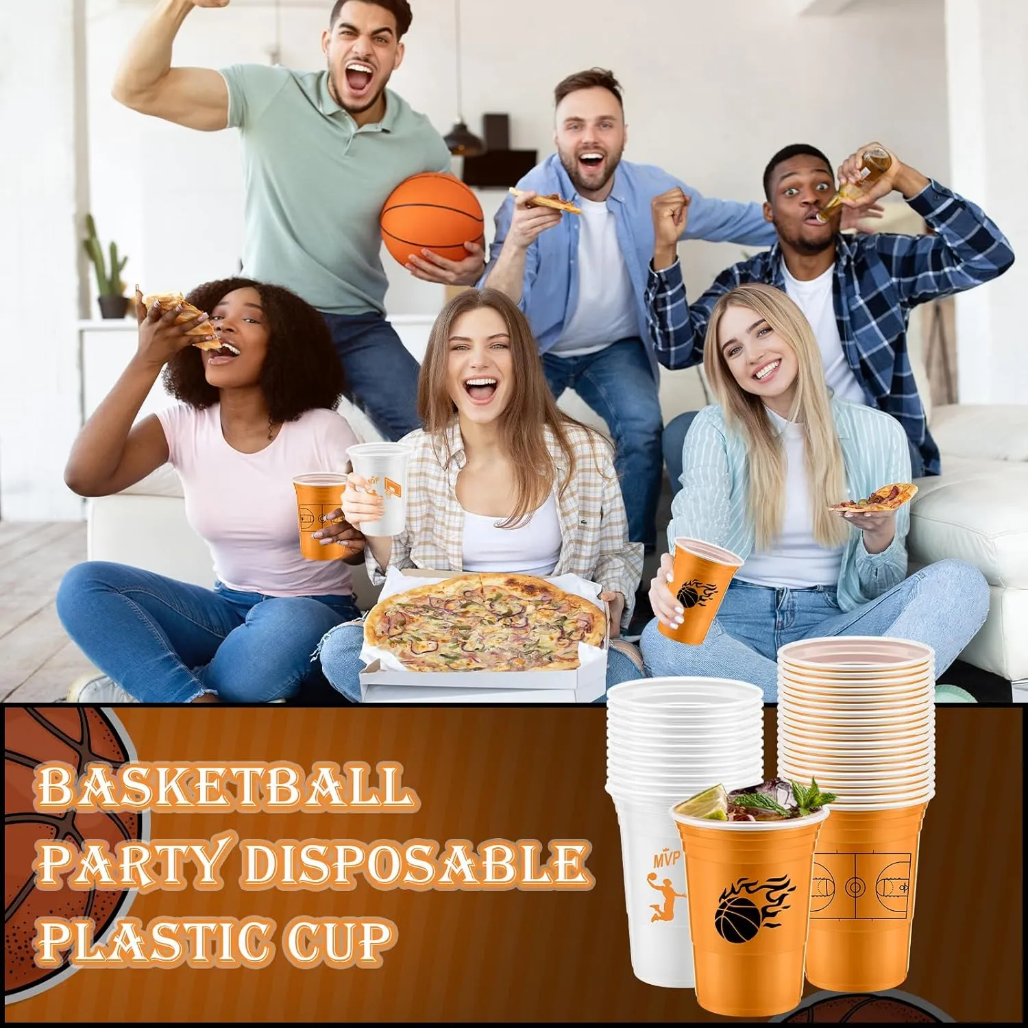 Norme 48 Pcs Basketball Party Supplies - 16 oz Thick Plastic Disposable Cup for Hot/Cold Drinks, Wine, Coffee - Themed Holiday Party Supplies & Favors