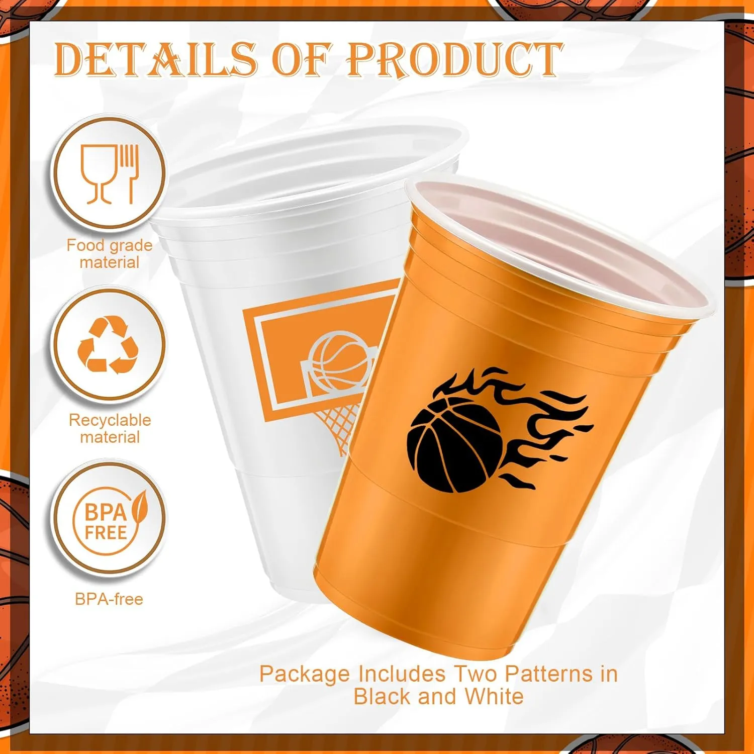 Norme 48 Pcs Basketball Party Supplies - 16 oz Thick Plastic Disposable Cup for Hot/Cold Drinks, Wine, Coffee - Themed Holiday Party Supplies & Favors