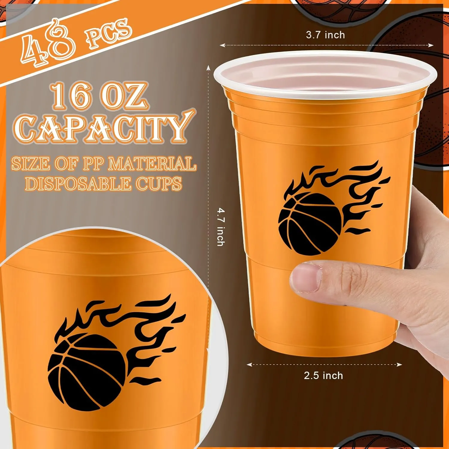 Norme 48 Pcs Basketball Party Supplies - 16 oz Thick Plastic Disposable Cup for Hot/Cold Drinks, Wine, Coffee - Themed Holiday Party Supplies & Favors