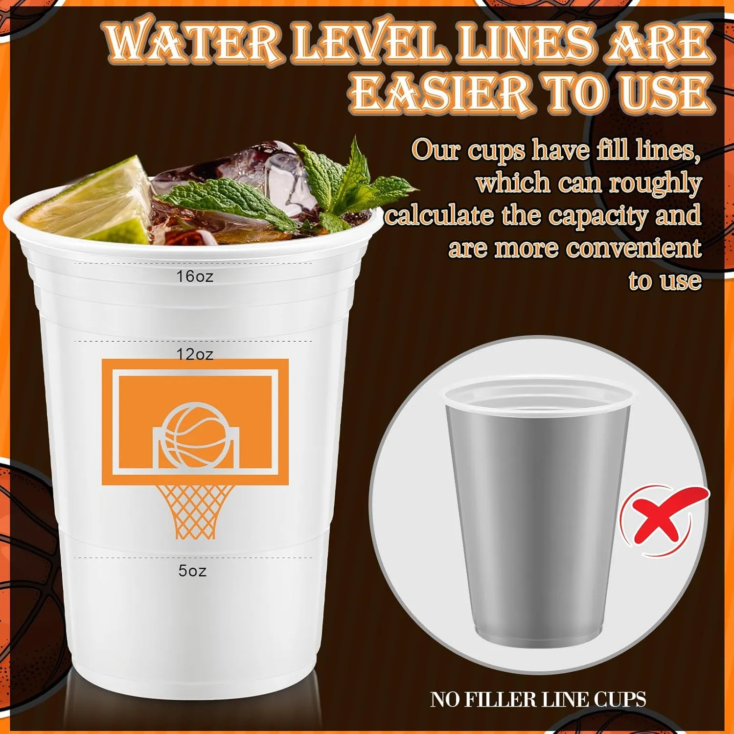 Norme 48 Pcs Basketball Party Supplies - 16 oz Thick Plastic Disposable Cup for Hot/Cold Drinks, Wine, Coffee - Themed Holiday Party Supplies & Favors