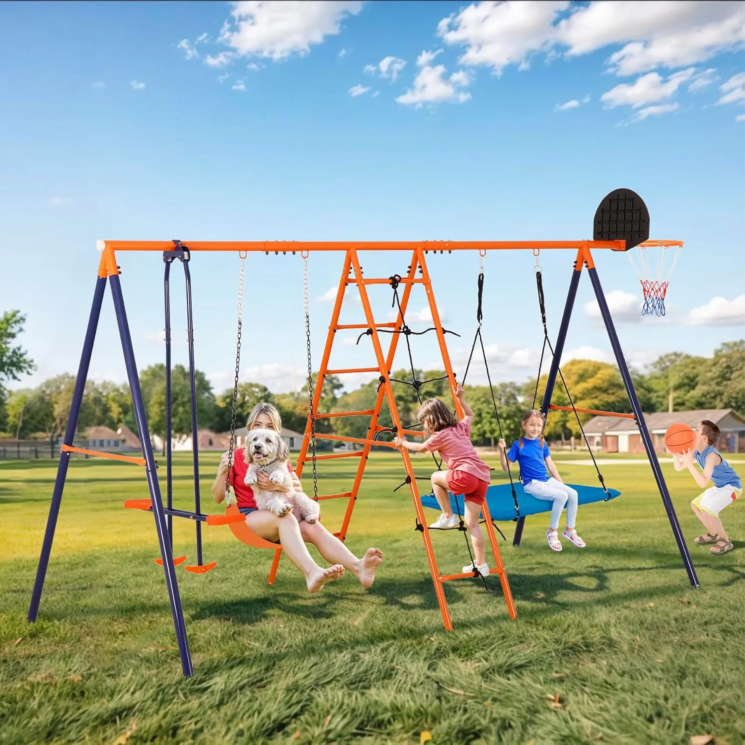 Nova Microdermabrasion Outdoor Metal Swing Set for Kids, Heavy-Duty Metal Playground Set with Swings, Climbing Ladder, Trapeze Bar & Basketball Hoop, 660lbs Max Weight
