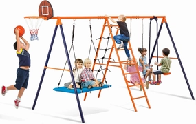 Nova Microdermabrasion Outdoor Metal Swing Set for Kids, Heavy-Duty Metal Playground Set with Swings, Climbing Ladder, Trapeze Bar & Basketball Hoop, 660lbs Max Weight