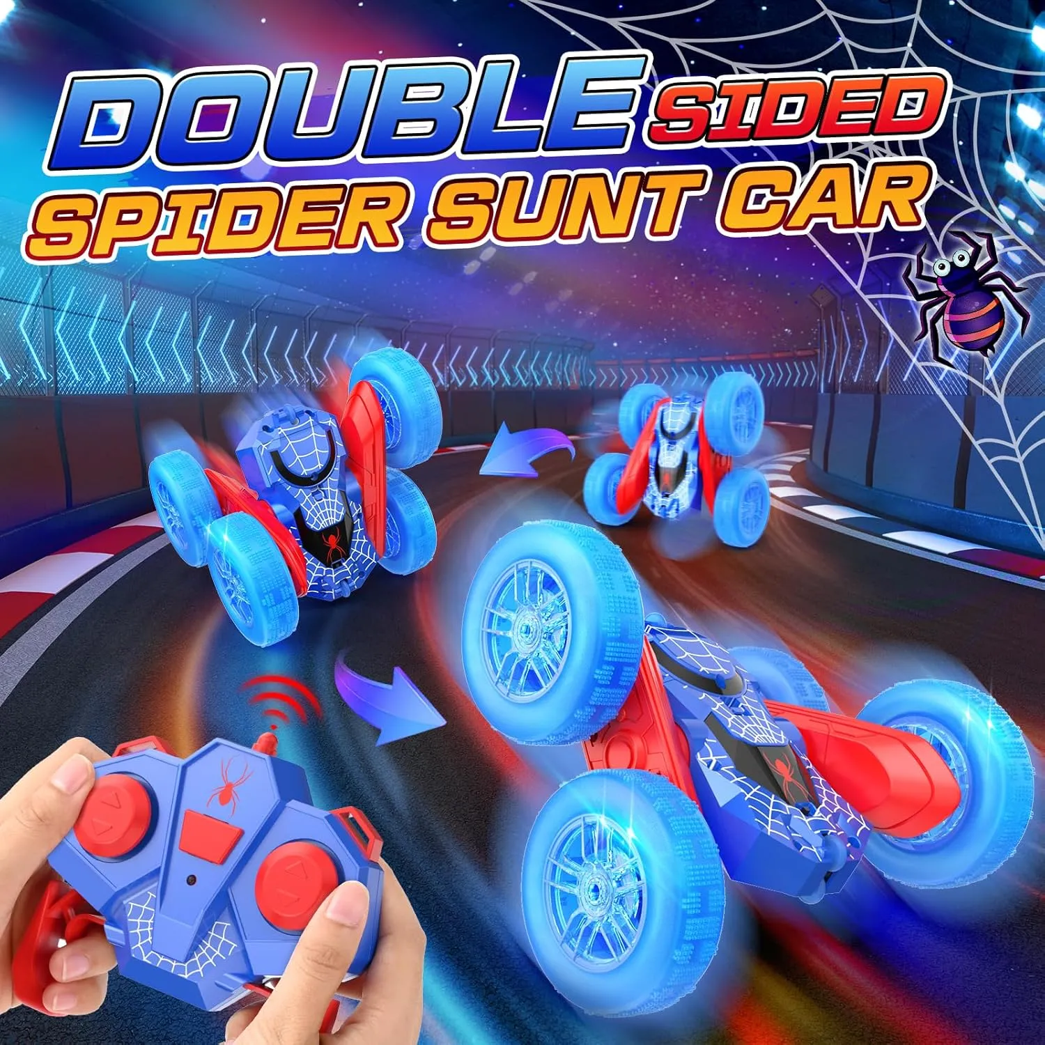 NQD Spider Remote Control Car- Double Sided 360°Rotate RC Stunt Car with Wheel Lights, 4WD Off-Road RC Cars 2.4Ghz Indoor/Outdoor Rechargeable Toy Car for Boys Age 4-7 8-12 Birthday Xmas Gift
