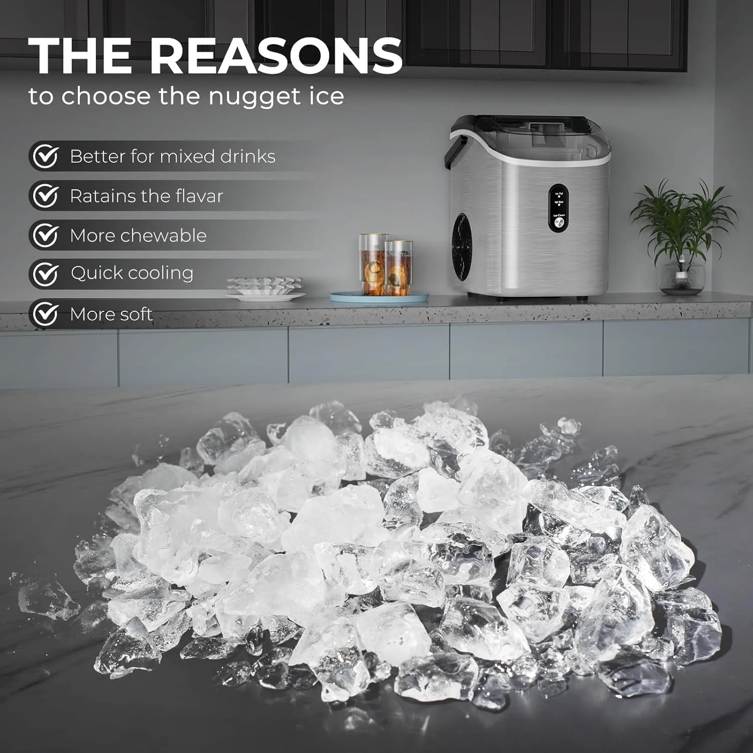 Nugget Ice Makers Countertop with Soft Chewable Pellet Ice, 7 Mins Ice Making, 35.5Lbs/24Hrs, Pebble Ice Maker Machine with Self-Cleaning/Ice Basket/Ice Scoop for Home/Office/Bar, Silver