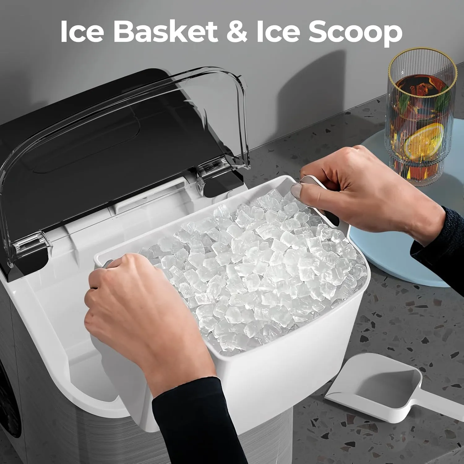 Nugget Ice Makers Countertop with Soft Chewable Pellet Ice, 7 Mins Ice Making, 35.5Lbs/24Hrs, Pebble Ice Maker Machine with Self-Cleaning/Ice Basket/Ice Scoop for Home/Office/Bar, Silver
