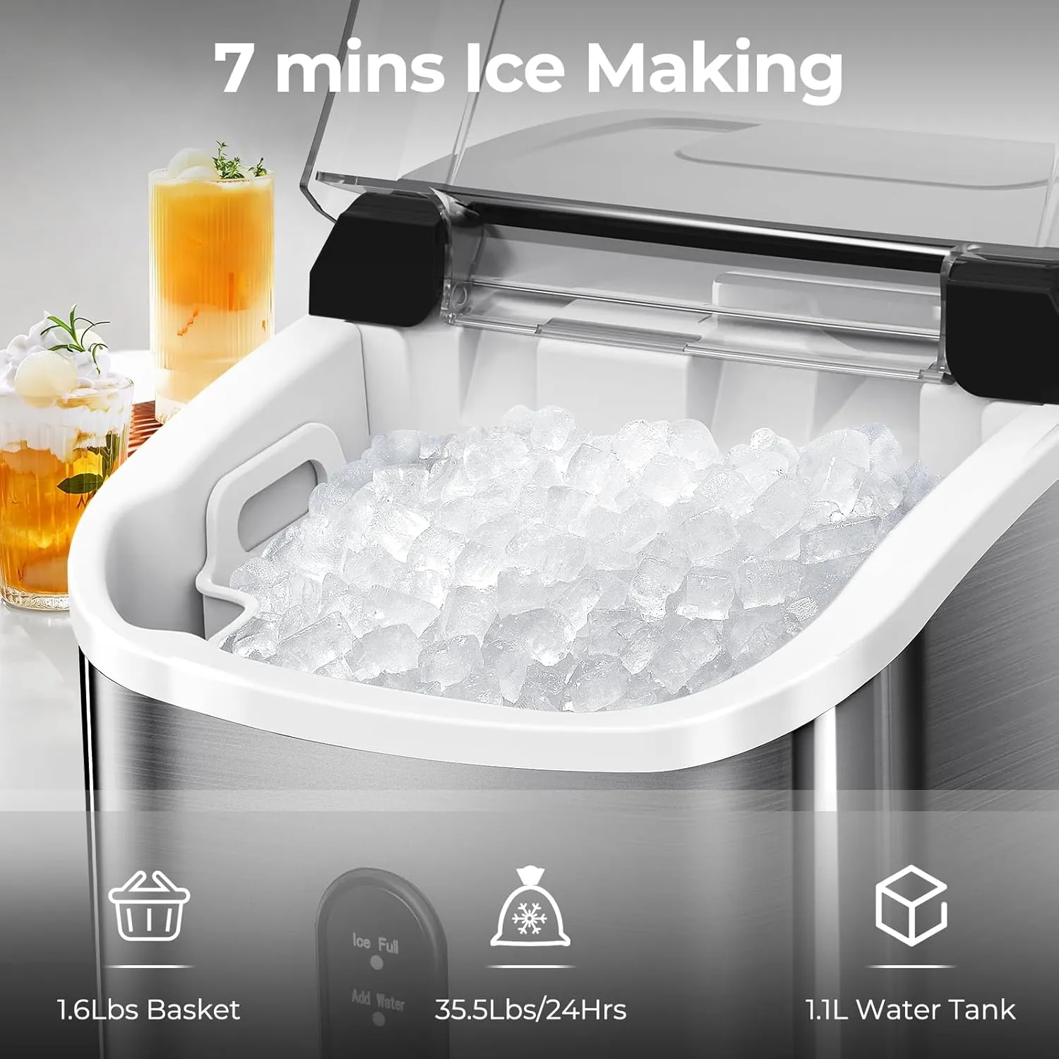 Nugget Ice Makers Countertop with Soft Chewable Pellet Ice, 7 Mins Ice Making, 35.5Lbs/24Hrs, Pebble Ice Maker Machine with Self-Cleaning/Ice Basket/Ice Scoop for Home/Office/Bar, Silver