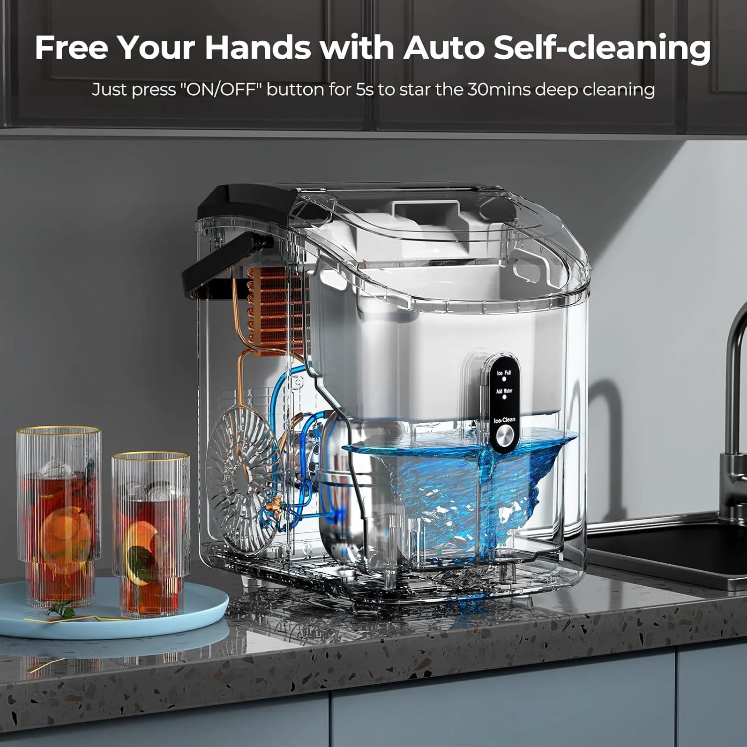 Nugget Ice Makers Countertop with Soft Chewable Pellet Ice, 7 Mins Ice Making, 35.5Lbs/24Hrs, Pebble Ice Maker Machine with Self-Cleaning/Ice Basket/Ice Scoop for Home/Office/Bar, Silver