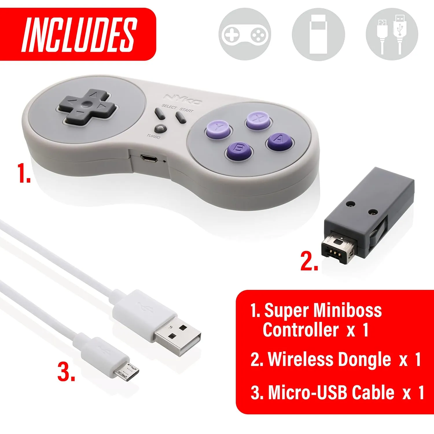 Nyko Super Miniboss - Wireless Controller for Nintendo SNES Classic Mini with Turbo, Ergonomic Design, 20 Feet Range, Rechargeable Battery, & Rapid Fire Functionality for Enhanced Gameplay Experience