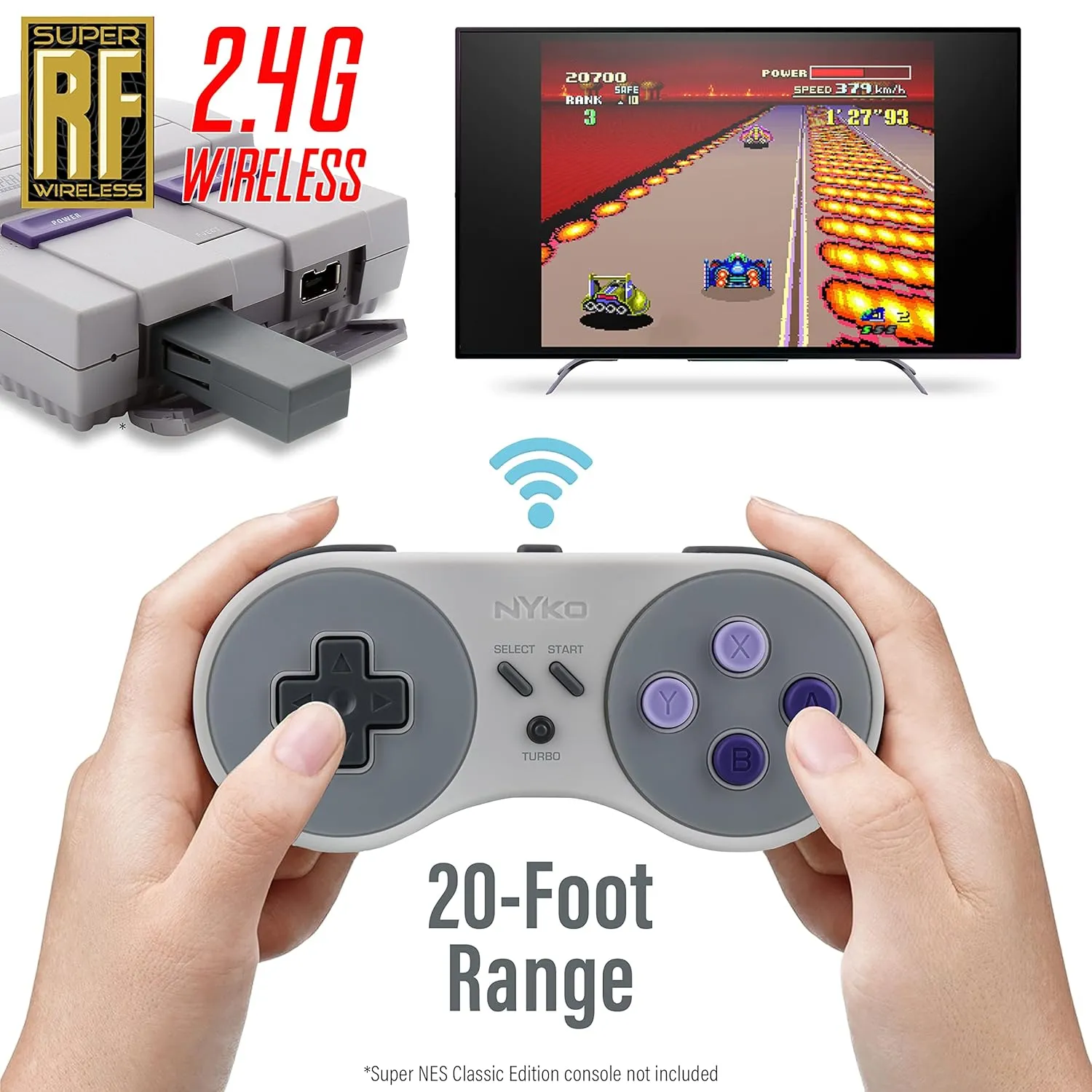 Nyko Super Miniboss - Wireless Controller for Nintendo SNES Classic Mini with Turbo, Ergonomic Design, 20 Feet Range, Rechargeable Battery, & Rapid Fire Functionality for Enhanced Gameplay Experience