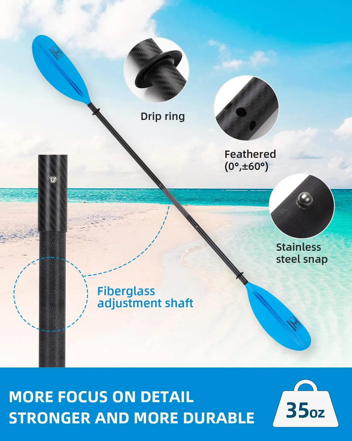 OCEANBROAD Adjustable Carbon Fiber Kayak Paddle 86in/220cm to 94in/240cm Kayaking Oar for Adults with Paddle Leash 1 Paddle